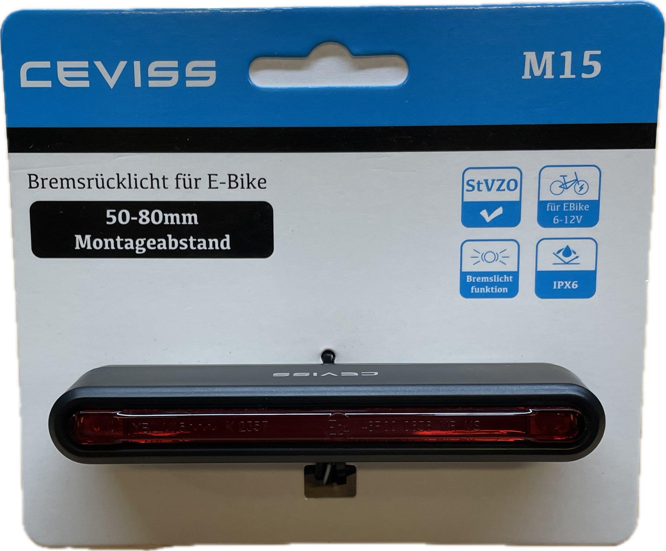 Ceviss Gepäckträgerrücklicht M15 mit Bremslicht 50/80mm Schraubenabstand für E-Bike